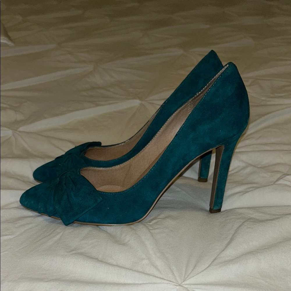 Audrey Brooke Blue Suede Heels with Bow Detail